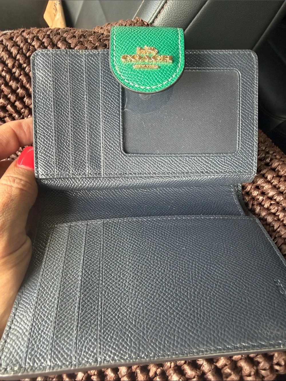 COACH  Green Textured Leather Card Wallet with Gold Logo